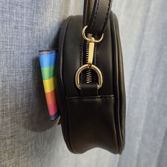 DIOPHY Round Crossbody Bag Black w/ Rainbow Stripe Bow Vegan Leather 9" - Picture 8 of 11